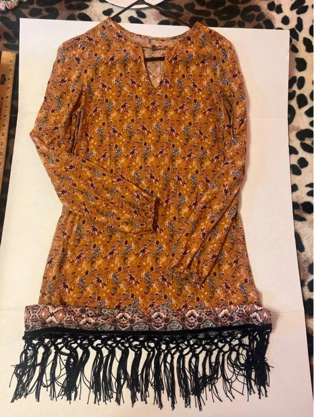Medium floral yellow, tassel, long sleeve dress